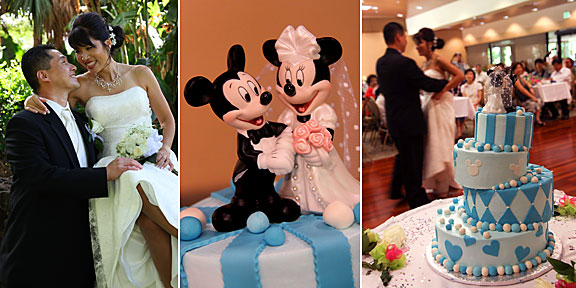  topsy turvy wedding cake with Mickey and Minnie Mouse at the very top